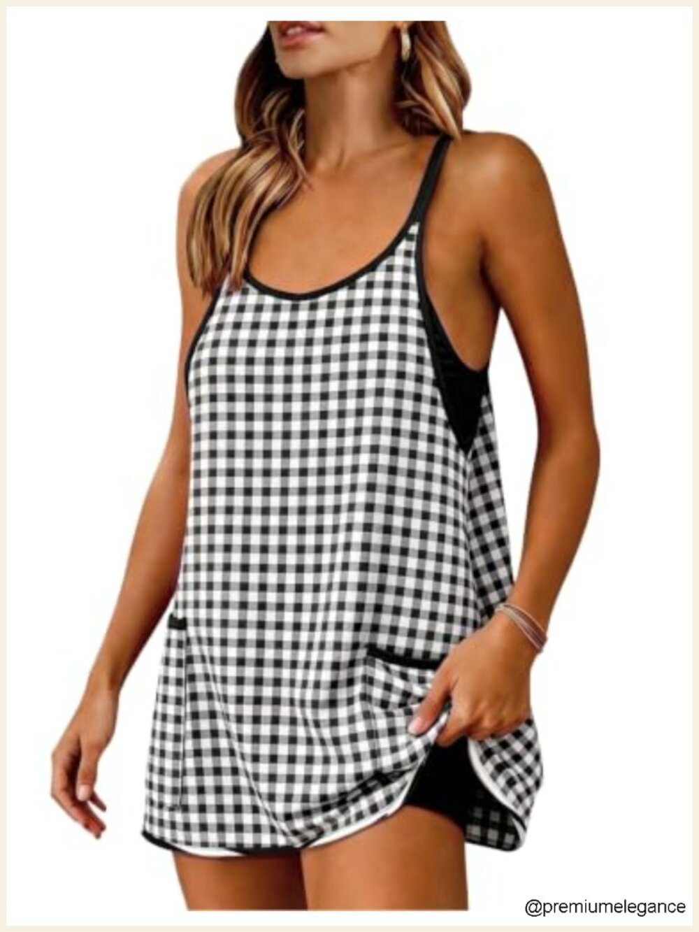 Womens Gingham Shift Mini Dress Athletic Built-in Shorts Cotton Spandex